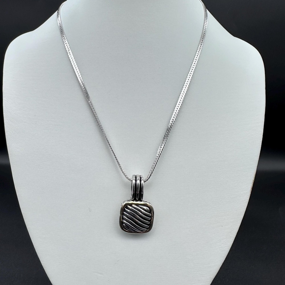 Vintage Monet Silver Tone Ribbed Square Pendant Necklace Signed Costume Jewelry